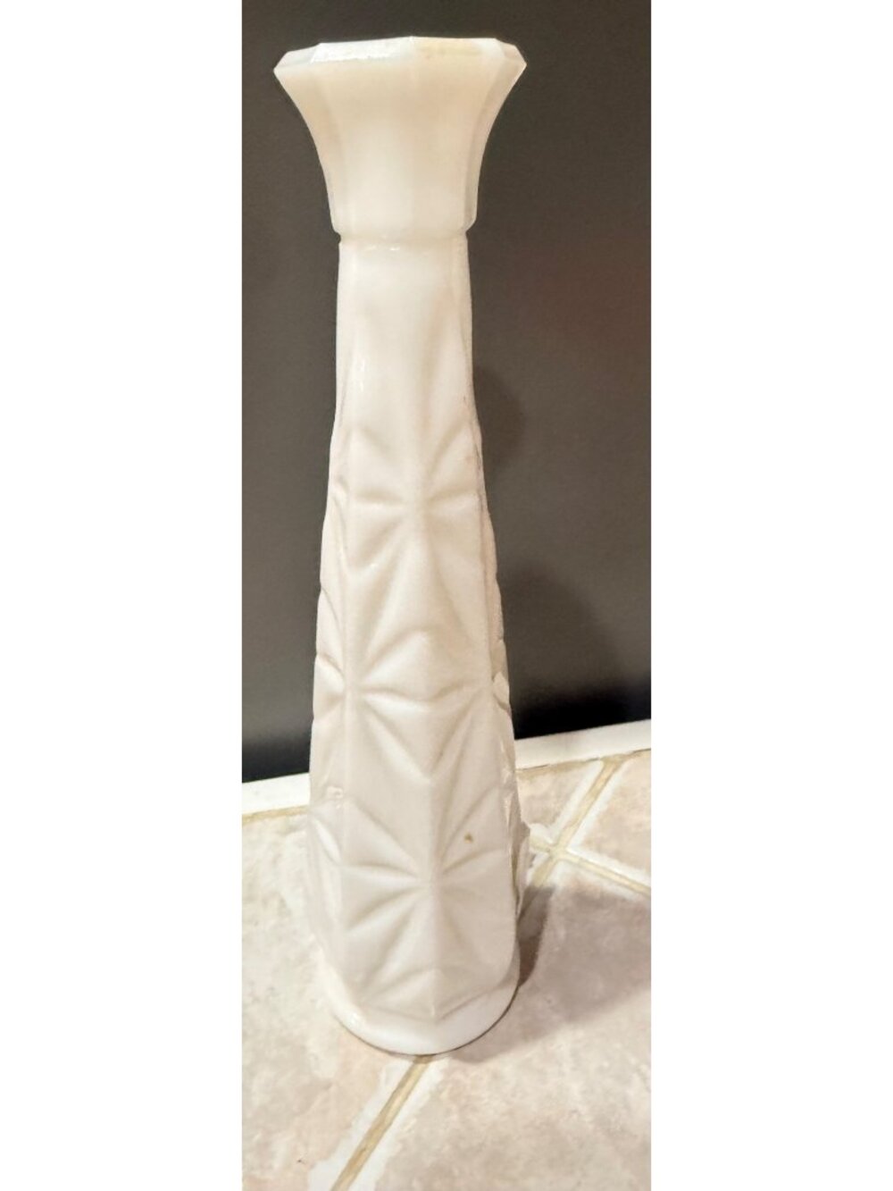 Vintage White Milk Glass Bud Vase With Geometric Starburst Pattern 9-Inch Tall